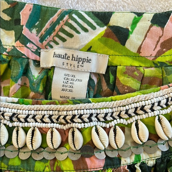 Haute Hippie Top Womens XL Safari 100% Cotton Green Seashell Beaded Bohemian - Picture 8 of 12